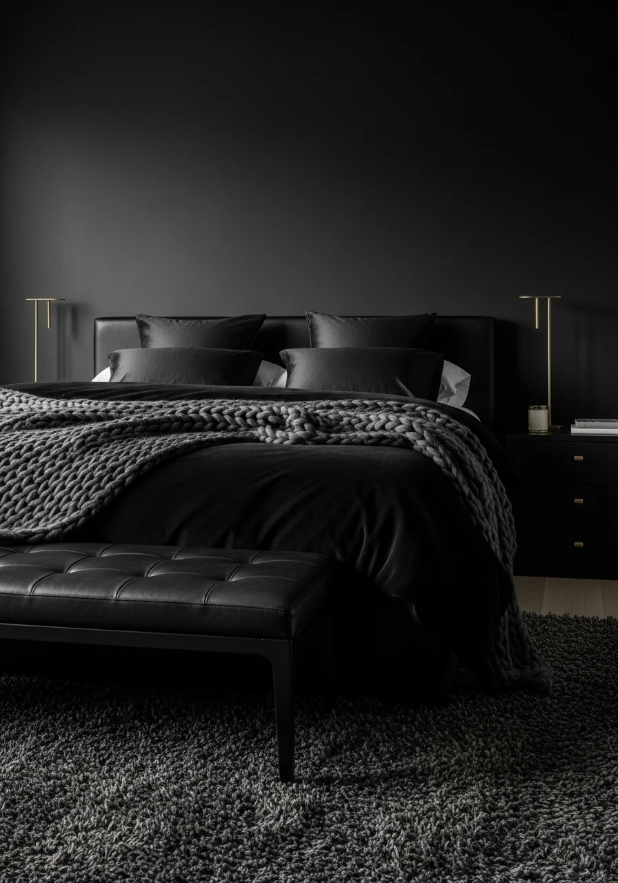 All-Dark Bedroom with Layered Textures
