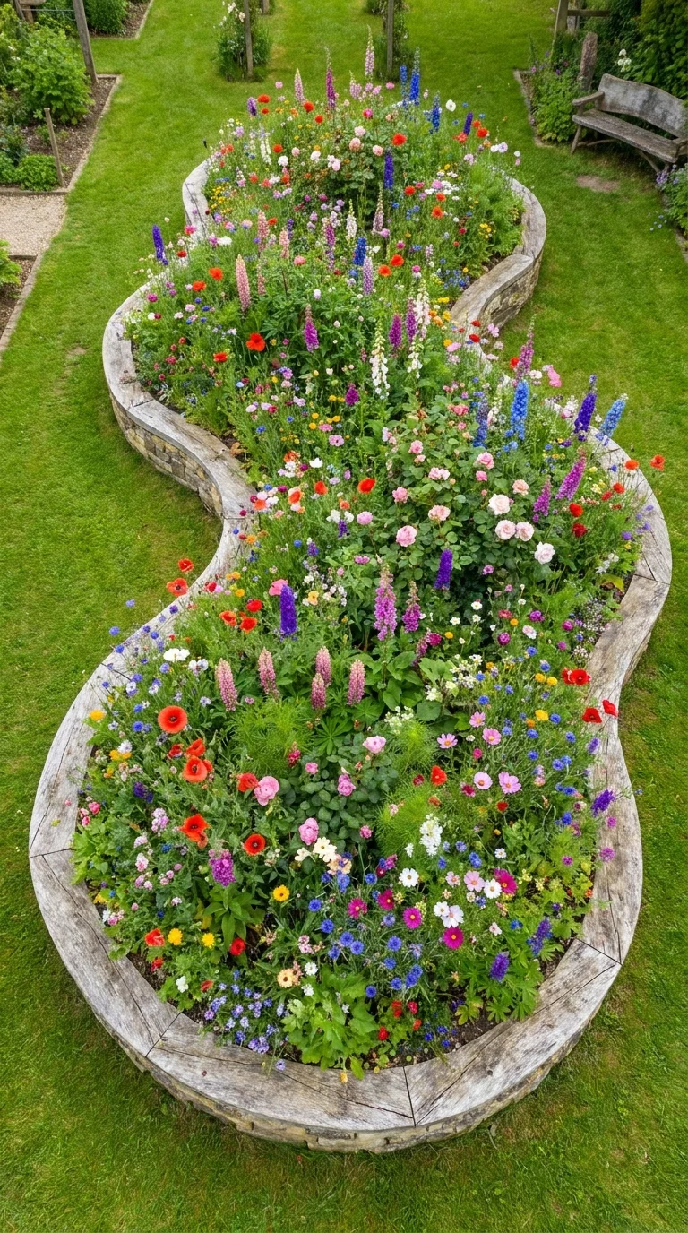 A neatly mowed lawn bordered by a flower garden